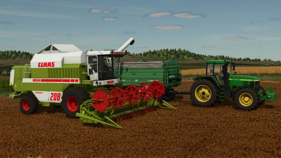 Farm equipment in Farming Simulator 25, featuring a CLAAS Mega 208/218 harvest combine attached to a green tractor on a farm field. FS25 mods.