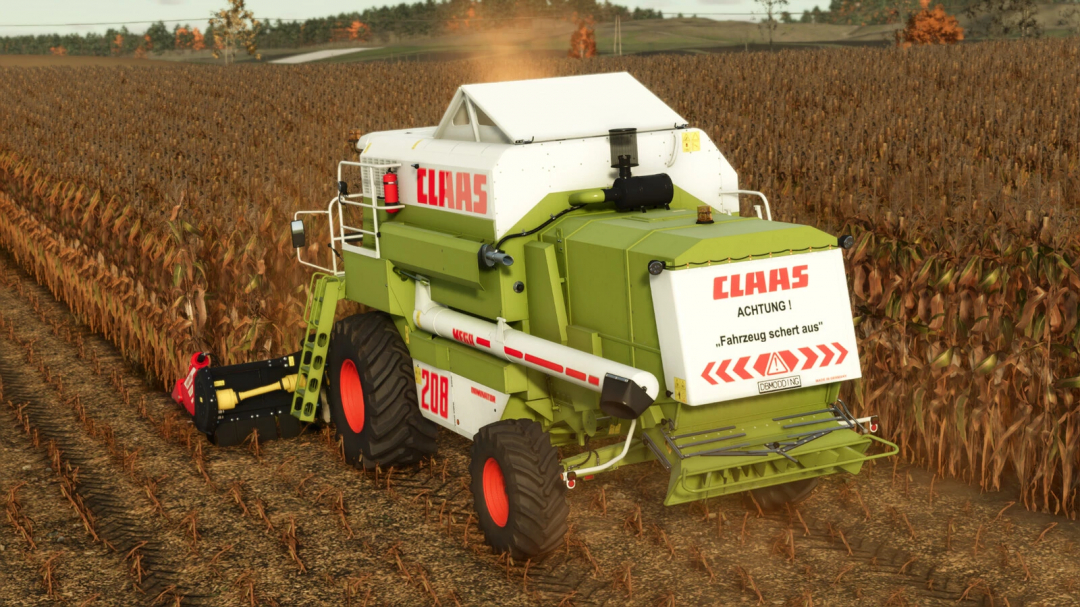 Farming Simulator 25 mod: CLAAS MEGA 208/218 forage harvester working in a cornfield, with safety warnings in German on the front panel.
