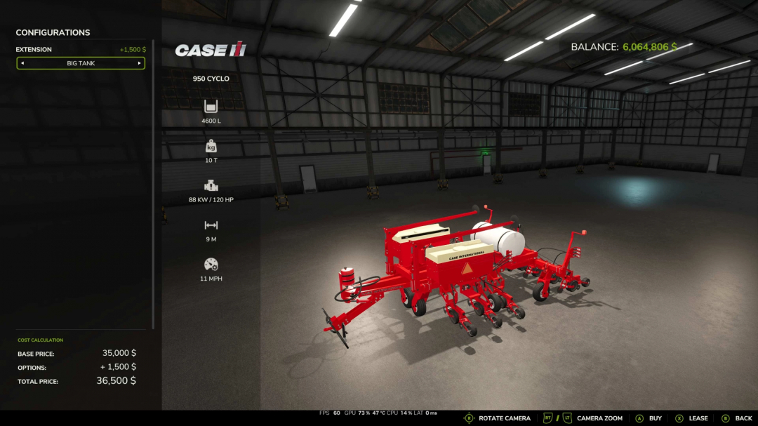 Farming Simulator 25 mod displaying the Case IH Cyclo950 seed planter with 4600L capacity, adjustable options, and a total price of $36,500.