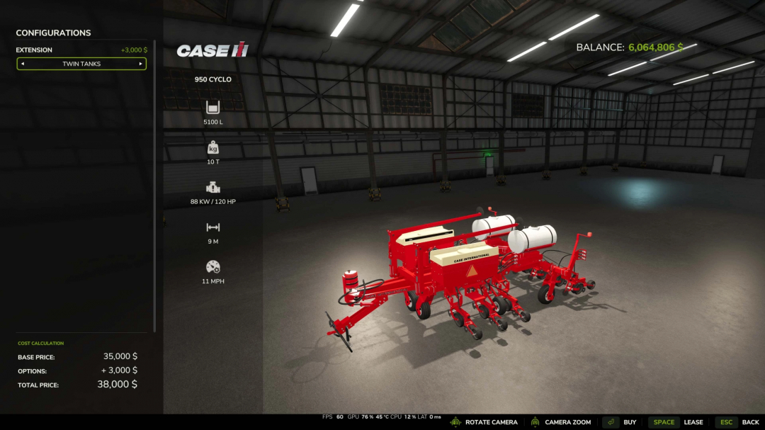Farming Simulator 25 mod: Case IH Cyclo950 seed drill with twin tanks, 5100L capacity, 10T weight, 88 kW power, and 9m working width in a warehouse.