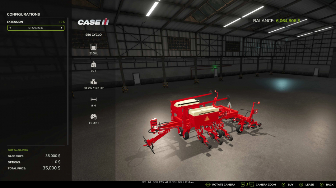 Farming Simulator 25 mod showing the Case IH Cyclo950 planter with details like capacity, horsepower, and price in a virtual warehouse.