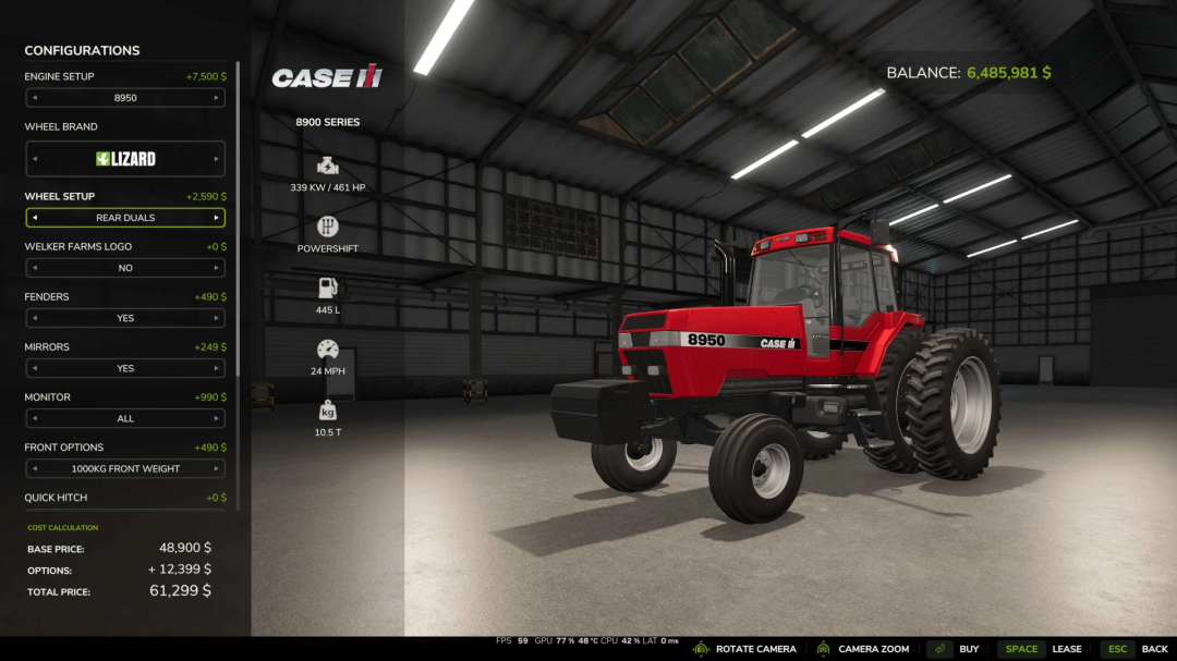 Farming Simulator 25 mod: Case IH Magnum 8900 v1.0.0.0 tractor inside a barn with configuration options visible on the left.