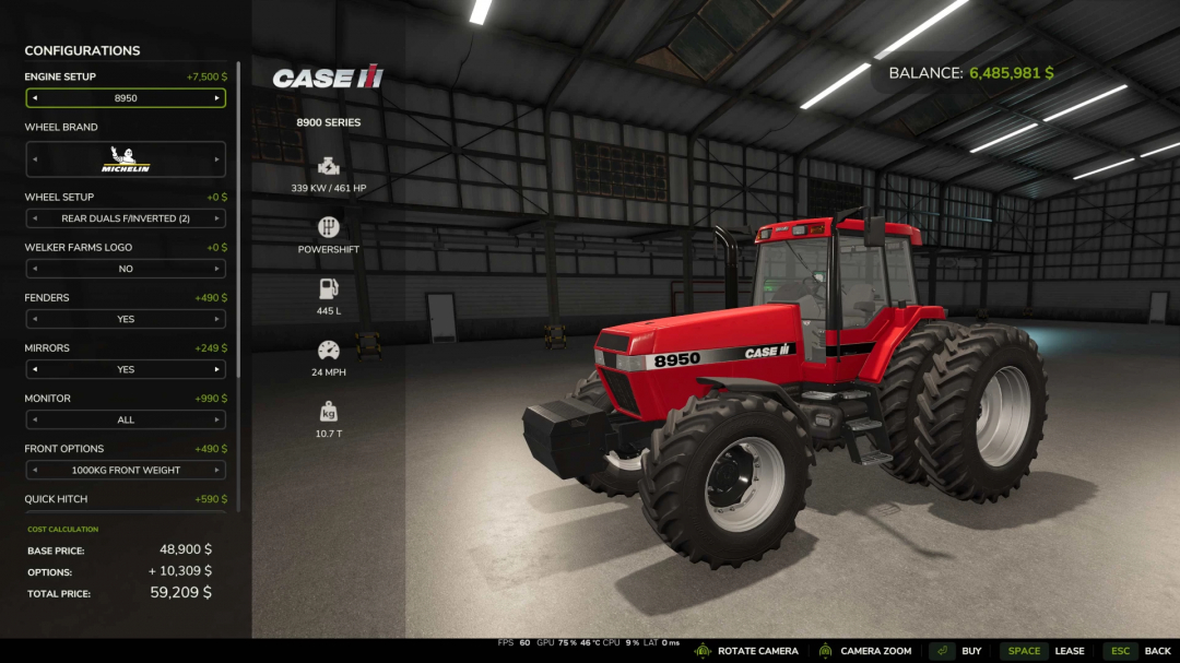 Farming Simulator 25 mod: Case IH Magnum 8900 v1.0.0.0 tractor inside a warehouse with configuration options and in-game currency display.