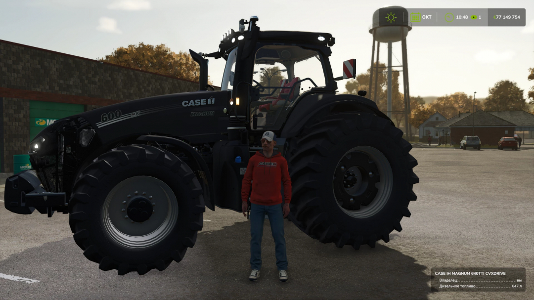 Farming Simulator 25 mod, Case IH Magnum 640TT CVXDRIVE tractor with a person standing in front, detailed view.