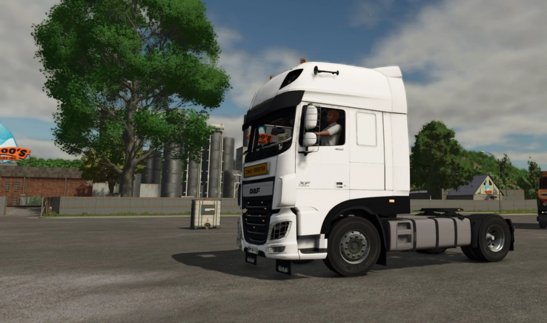 Farming Simulator 25 mod featuring a white DAF XF 106 truck in an industrial area with trees and factory silos in the background.
