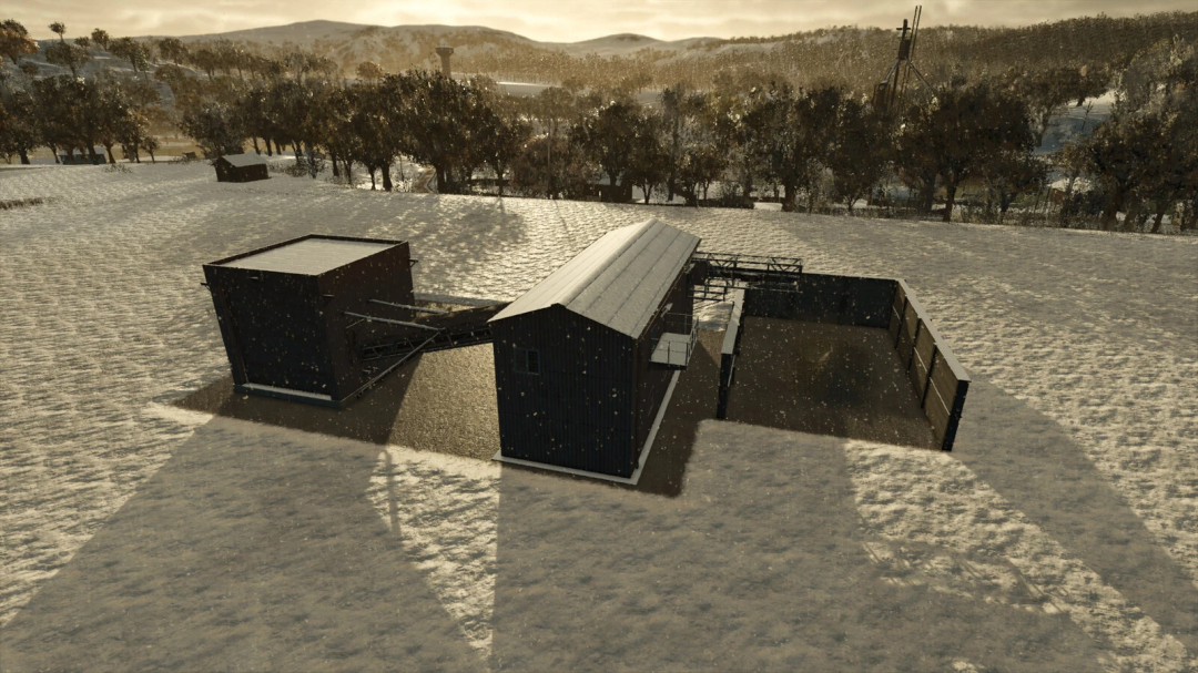 Debris crusher in Farming Simulator 25, placed in a snowy field with trees and mountains in the background, realistic mod visuals.