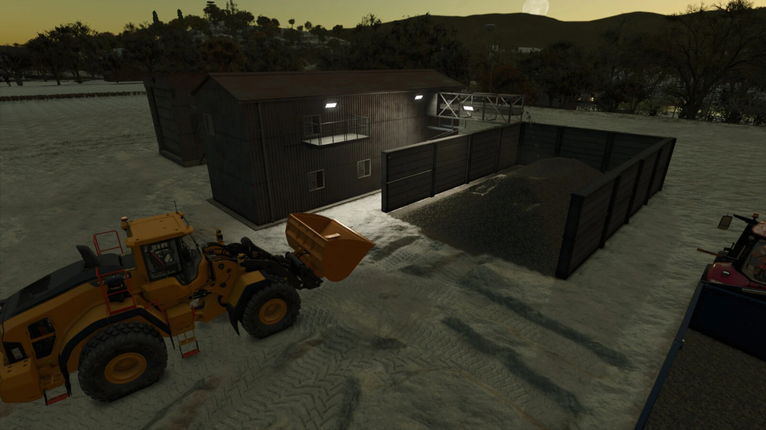 Farming Simulator 25 mod image showing a trailer for debris crushing with a loader, set near a barn at dusk. FS25 mods for debris management.