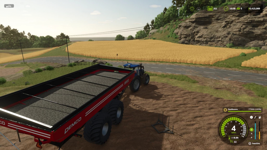 Farming Simulator 25 mod: Demco Series 2200 Bulk trailer attached to a tractor in a rural farm setting.