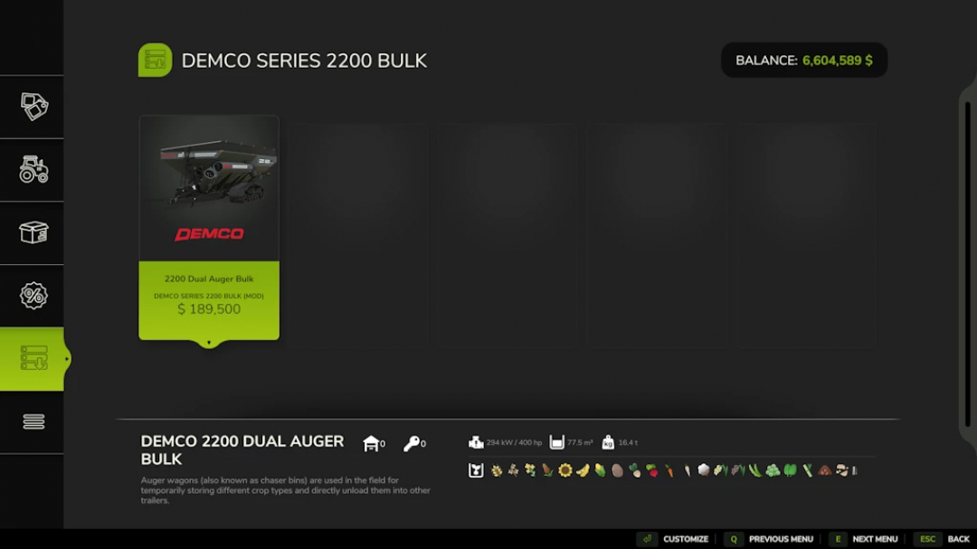 Farming Simulator 25 mod showing Demco Series 2200 Bulk, a dual auger bulk trailer with a $189,500 price, part of FS25 mods.