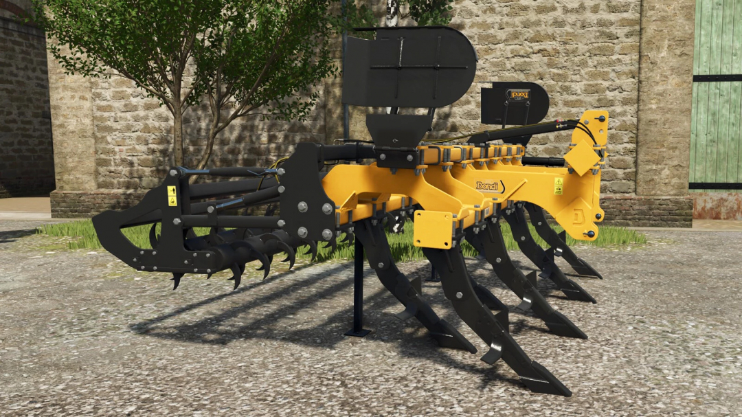 Farming Simulator 25 mod: Dondi 800 Series cultivator with yellow frame and black working parts, used for soil preparation in FS25.