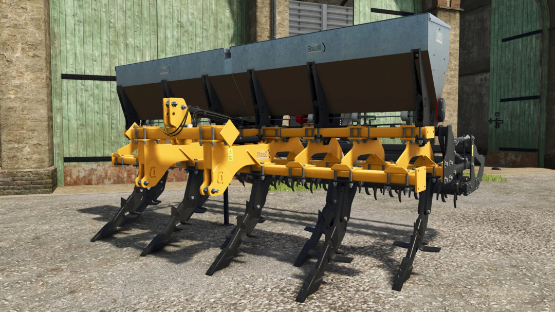 Farming Simulator 25 mod: Dondi 800 Series v1.0.0.0 plow with three seeders, used for soil cultivation in Farming Simulator 25.