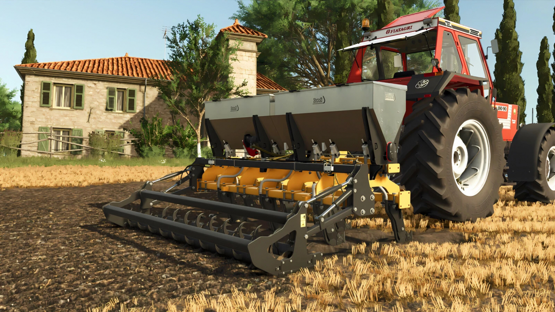 FS25 mod: Dondi 800 Series tractor with mounted farming implement on a field near a house.