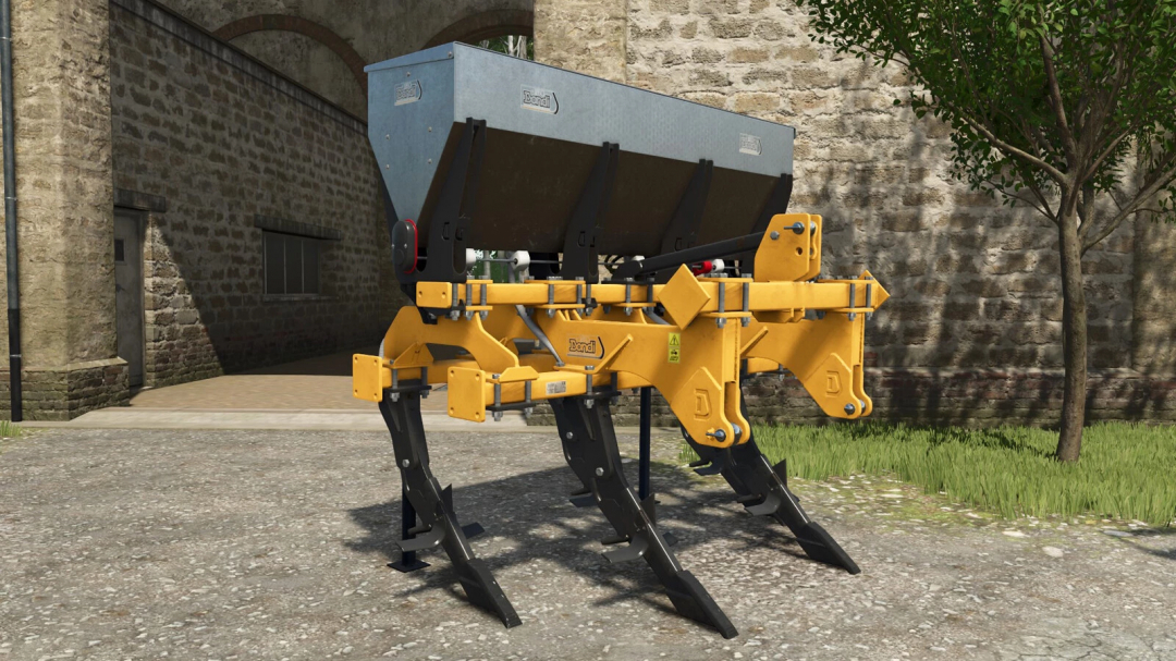 Farming Simulator 25 mod: Dondi 800 Series v1.0.0.0, an agricultural machine with a yellow frame and a large gray hopper for farming tasks.