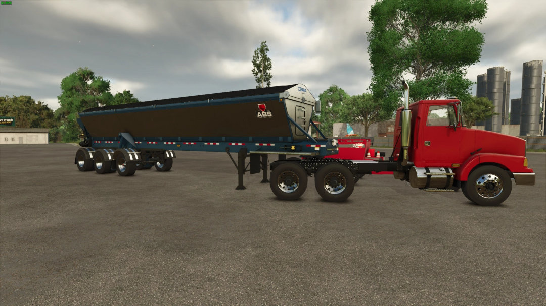 Farming Simulator 25 mod: Red truck with black ABS LRC448 rear lift trailer for transporting materials.