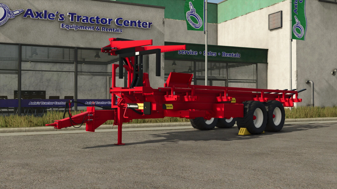 Red farming trailer mod for Farming Simulator 25, displayed outside Axle's Tractor Center, showcasing the FS25 Anderson Group TSR 3450 v1.0.0.0.