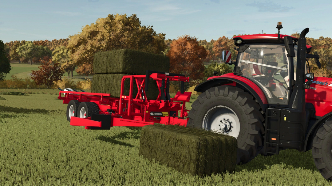 Farming Simulator 25 mods: Case IH tractor with FS25 Anderson Group TSR 3450 hay rake, hauling hay bales in a field during autumn.