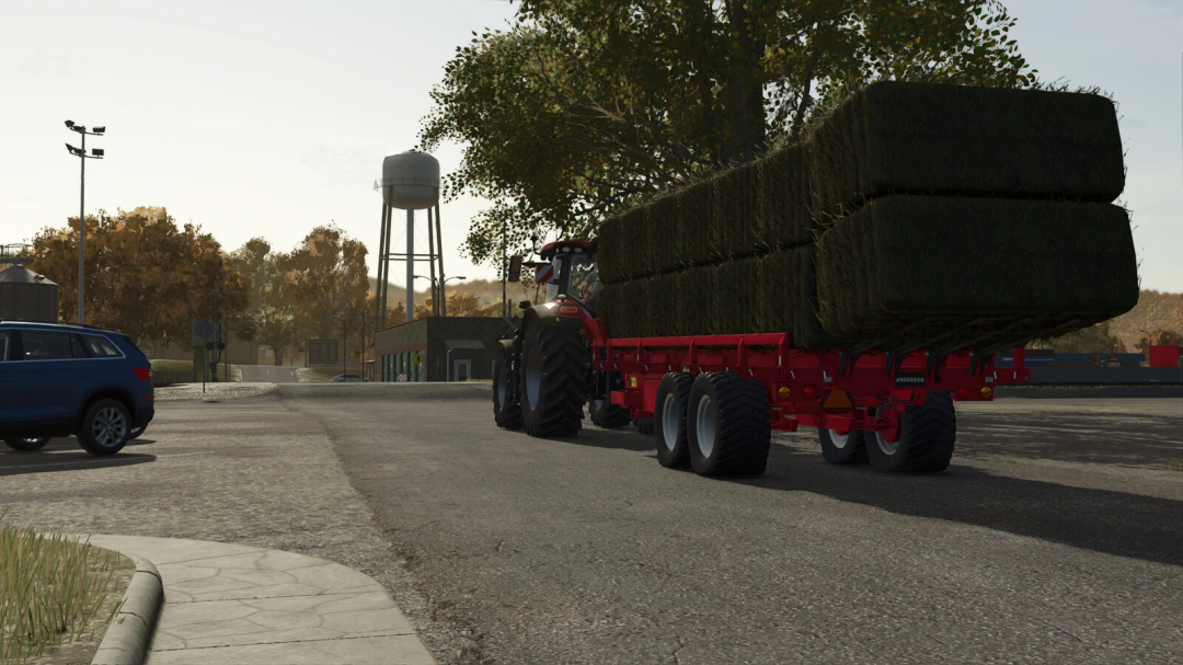 Farming Simulator 25 mod: Tractor pulling a hay Bale trailer with large hay bales, part of FS25 Anderson Group TSR 3450 v1.0.0.0.