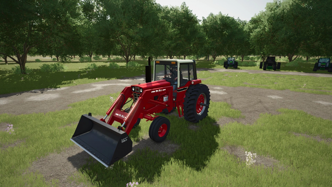 Farming Simulator 25 mod featuring the FS25 DU-AL Loader v1.0.0.0 attached to a red tractor in a grassy field with trees in the background.