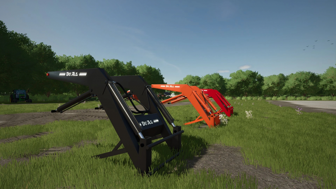 FS25 DU-AL Loader mod in Farming Simulator 25, featuring multiple loader attachments in black, orange, and red colors on a grassy field.