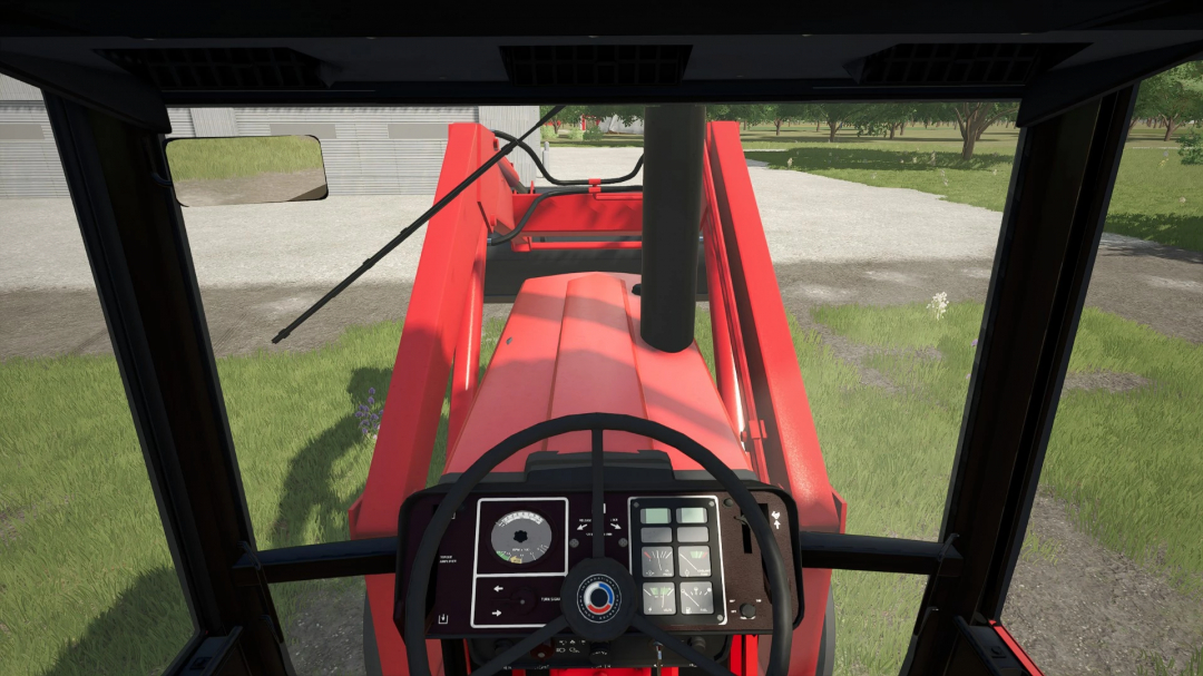 Inside view of a tractor in Farming Simulator 25 with FS25 DU-AL Loader mod v1.0.0.0, showing the dashboard and front loader attachment.