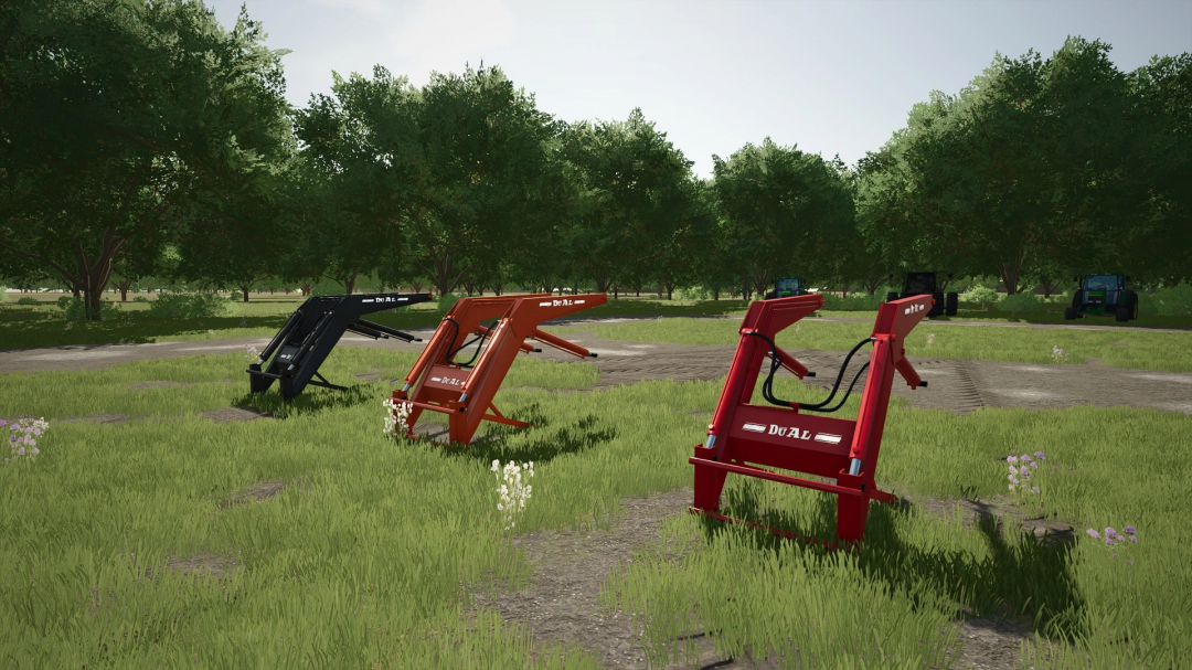 Farming Simulator 25 mods - FS25 DU-AL Loader v1.0.0.0 attachments in a field with trees in the background.