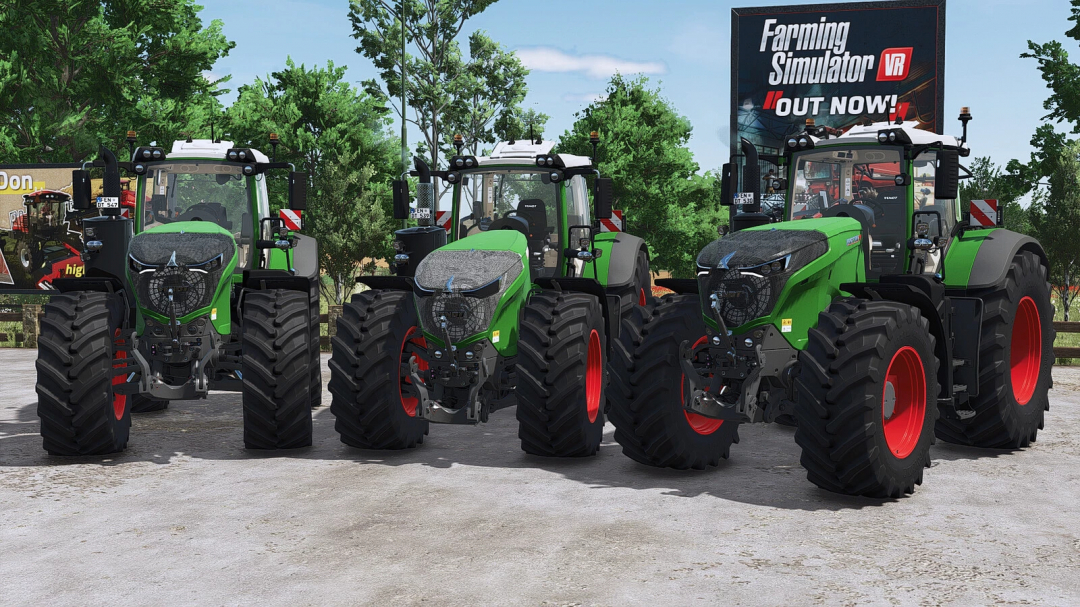 Three Fendt 1000 Vario Series tractors from Farming Simulator 25 mods, parked outdoors with green trees and a Farming Simulator VR billboard.
