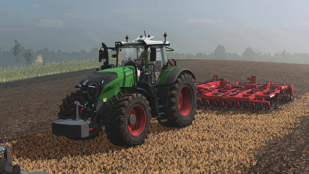 Farming Simulator 25 mod featuring a Fendt 1000 Vario Series tractor in a field, highlighting realism and farming equipment.