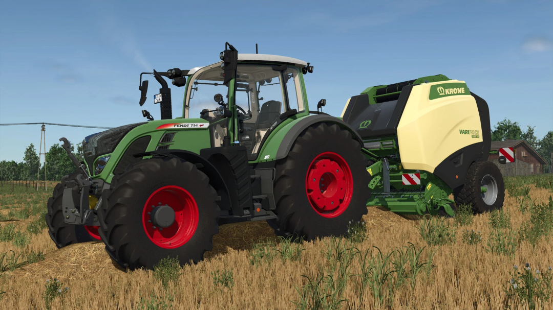 Farming Simulator 25 mod featuring a Fendt 714 tractor with a Krone VarioPack fertilization machine on a farm field.