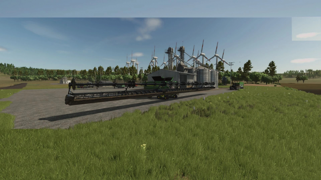 Farming Simulator 25 mod featuring the Fendt PowerFlow 37m harvesting equipment in a rural farm setting.