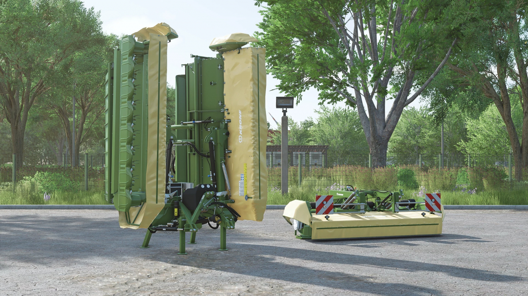 Fendt Slicer v1.0.0.0 mod for Farming Simulator 25, showing large green and beige mowing equipment on a paved area outdoors.