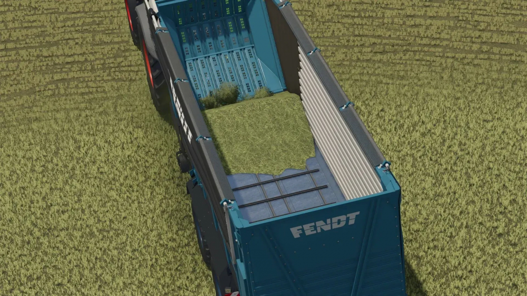 Fendt Tigo75VR v1.0.0.4 mod in Farming Simulator 25, showing a blue trailer loaded with grass in an open field.