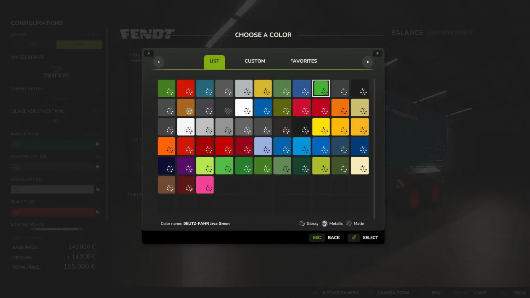Farming Simulator 25 mod menu showing color options for the Fendt Tigo75VR in FS25 mods