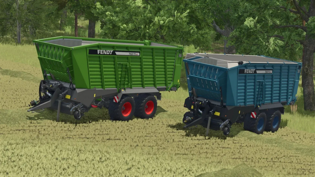 Fendt Tigo75VR mod vehicles in Farming Simulator 25, shown in green and blue, on a grassy field with trees in the background.