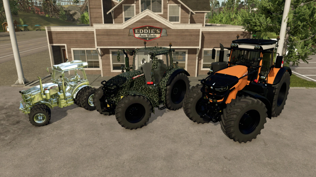 Three tractors parked outside Eddie's Auto Works in Farming Simulator 25, featuring mods from the FS25 Fendt Vario Forestry Edition Pack v1.0.0.0.