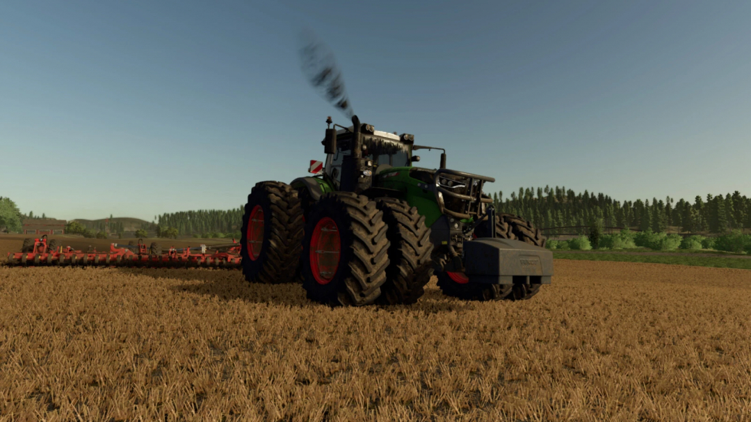 Farming Simulator 25 mod: Green tractor with large tires working in the field, part of the FS25 mods collection.