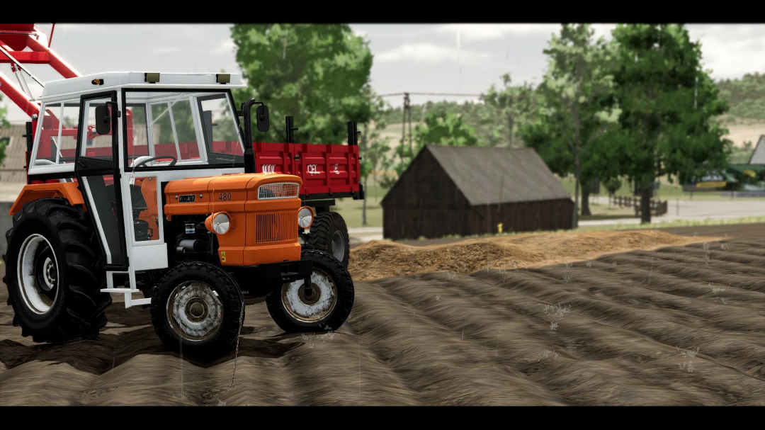 Farming Simulator 25 mod: Fiat 480 tractor working on a farm with plowed fields and background farm buildings.