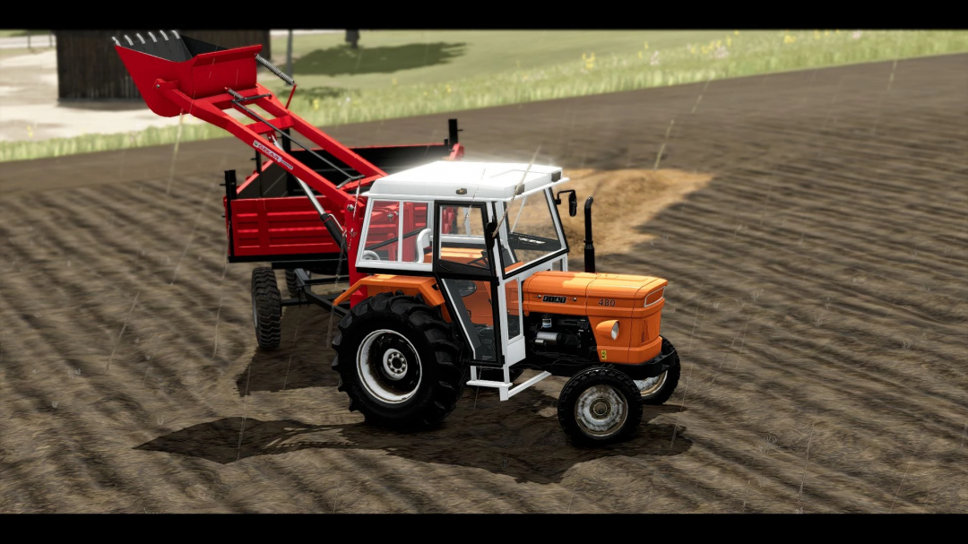 Farming Simulator 25 mod featuring a Fiat 480 tractor with a red manure spreader, working in a plowed field with rain effects.
