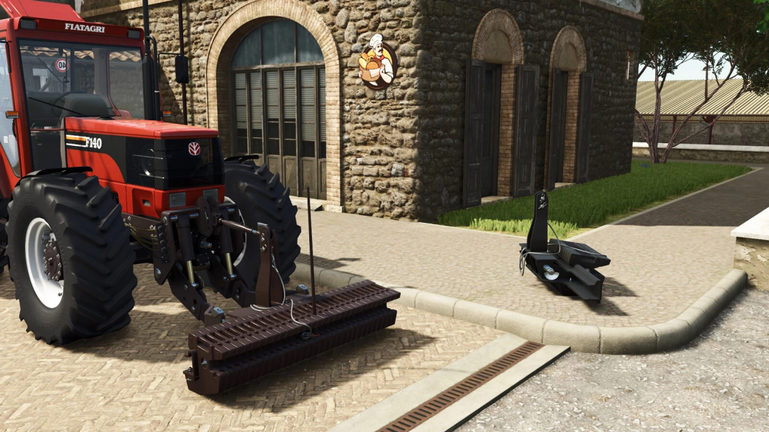 Farming Simulator 25 mod featuring a Fiat Weight v1.0.0.0 attachment on a tractor, with a rustic building and garden in the background.