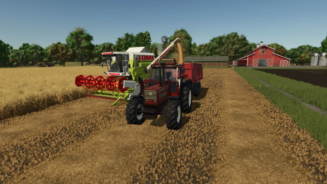 Farming Simulator 25 mods: red tractor with grain harvester working in a field, showcasing the Fiatagri 140-90 v1.0.0.0.
