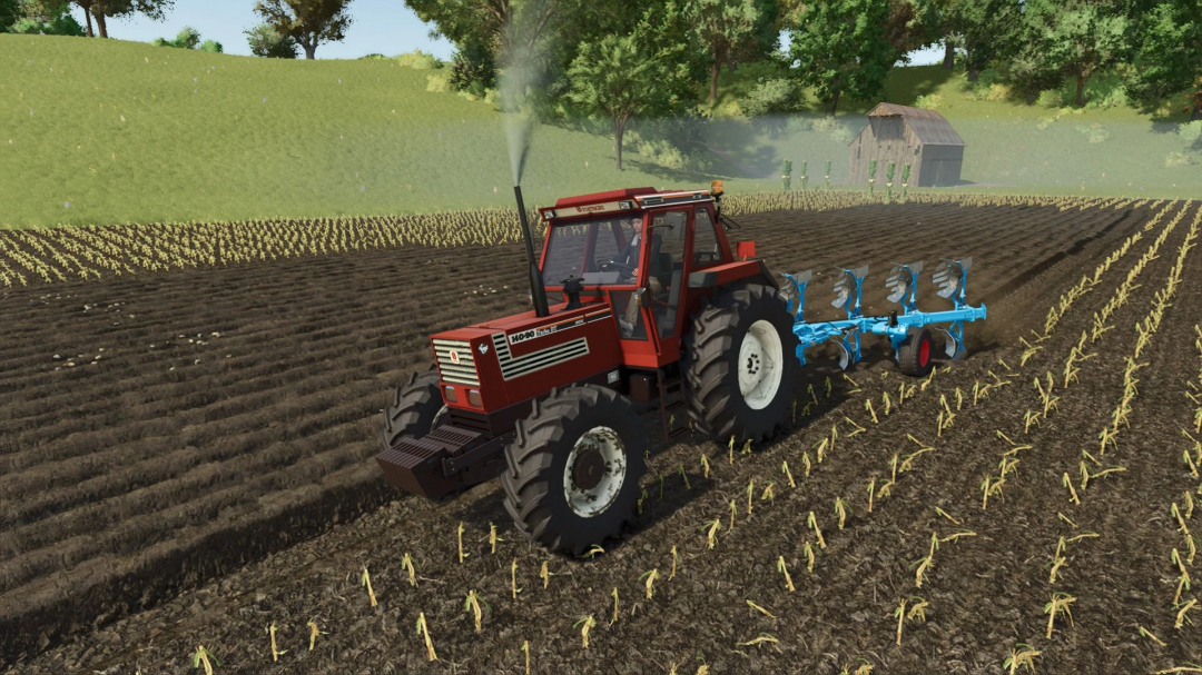 Farming Simulator 25 mods: Red Fiatagri 140-90 tractor plowing a field with a blue implement, in a rural farm landscape.