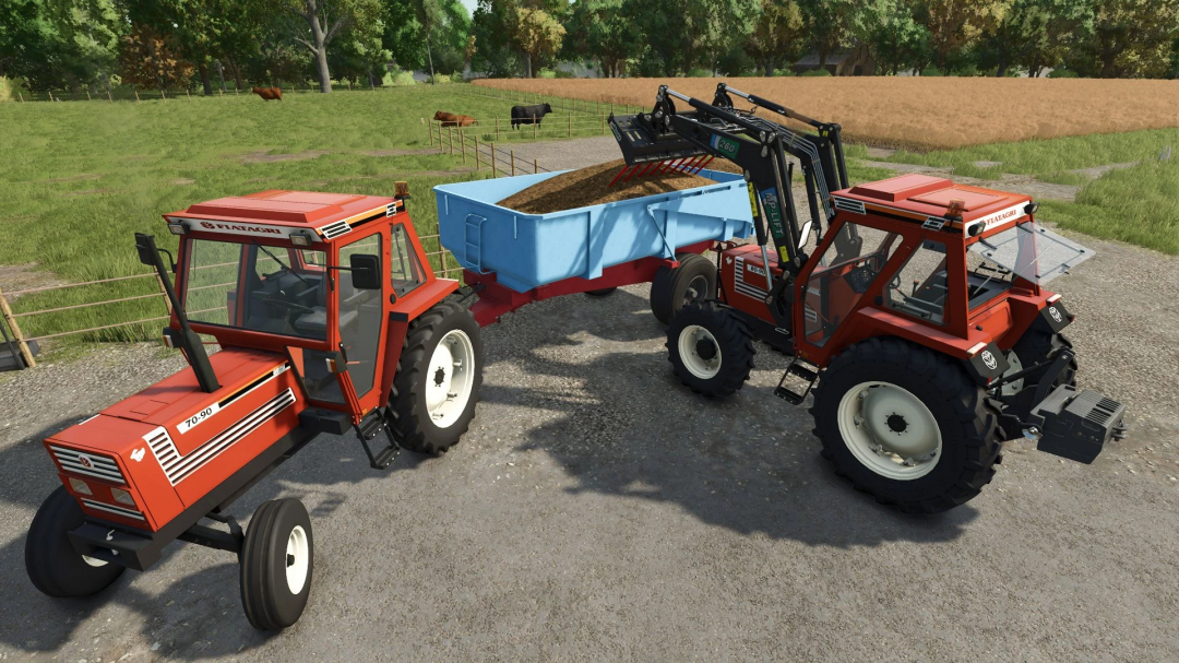 Farming Simulator 25 mods featuring a Fiatagri 90 Series tractor with a trailer and loader attachment in a farm setting.