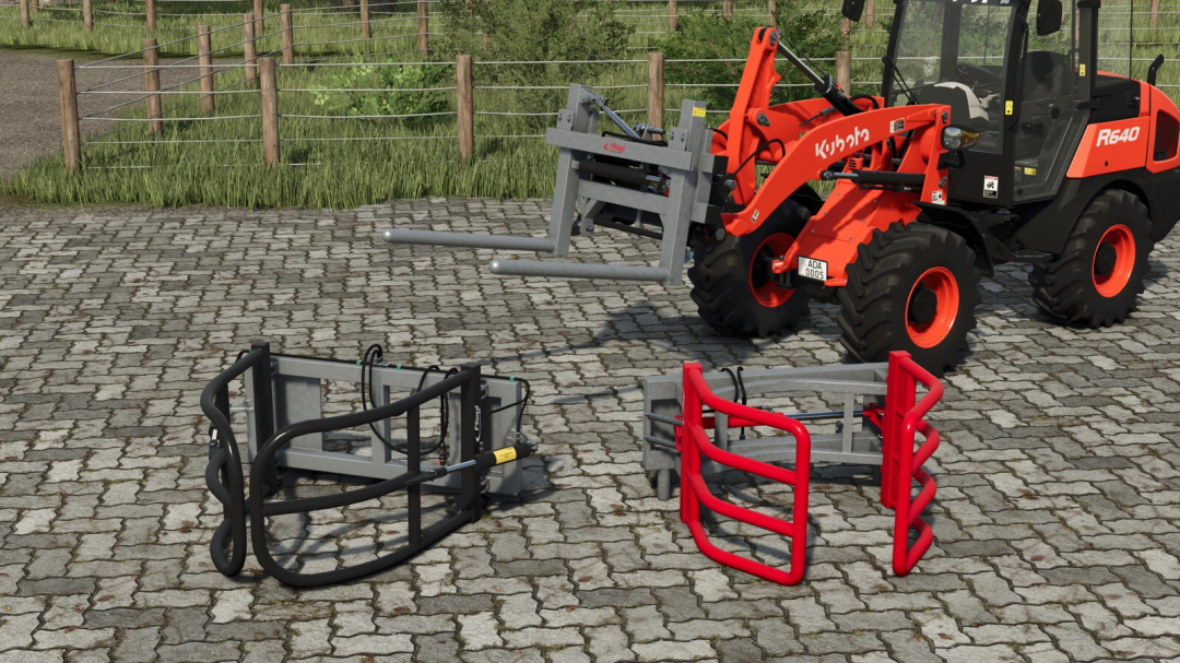 Farming Simulator 25 mods: Kubota loader attached to tractor with additional bale handling attachments on cobblestone surface.