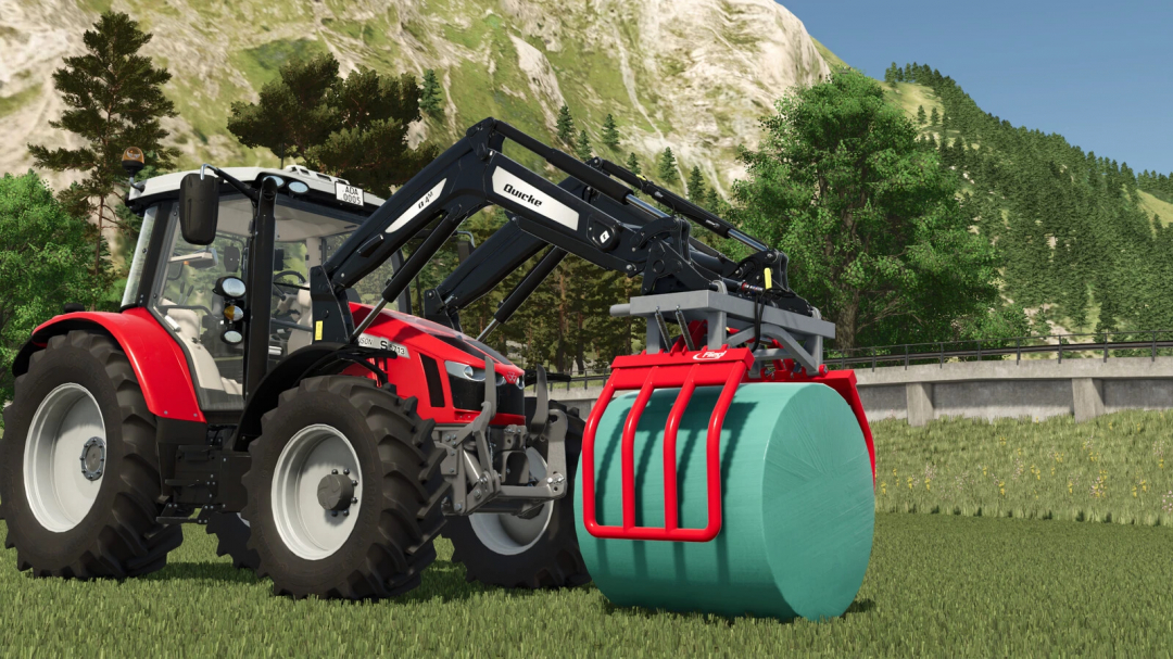 Farming Simulator 25 mod showcasing a tractor with Fliegl Bale Tools Pack v1.0.0.0 for efficient hay bale handling.