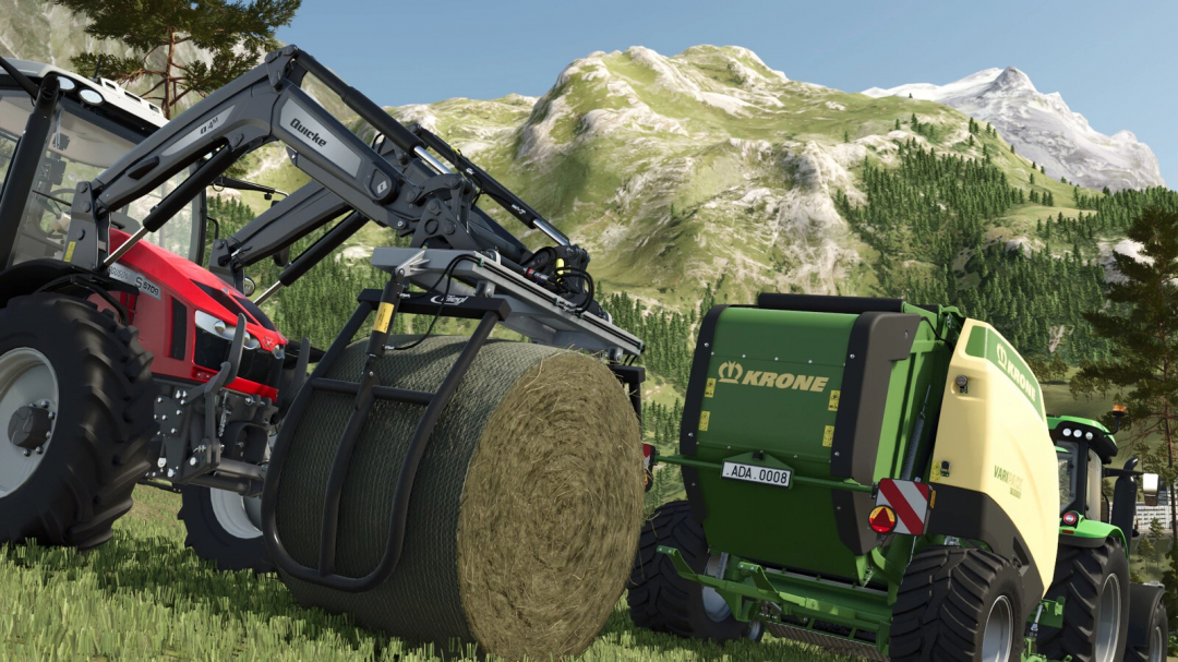 Farming Simulator 25 mods: Tractor with bale handling equipment and round hay bale in a scenic mountainous landscape.