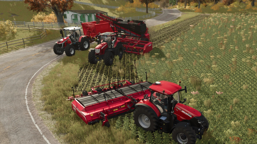 Farming Simulator 25 mod scene with multiple red tractors and equipment working on a farm near a curved road.