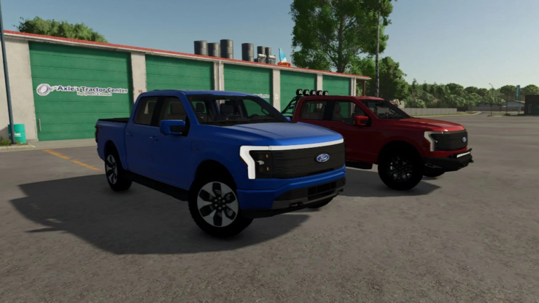 Farming Simulator 25 mods: Blue and red Ford F-150 Lightning trucks parked outside Axle's Tractor Center.