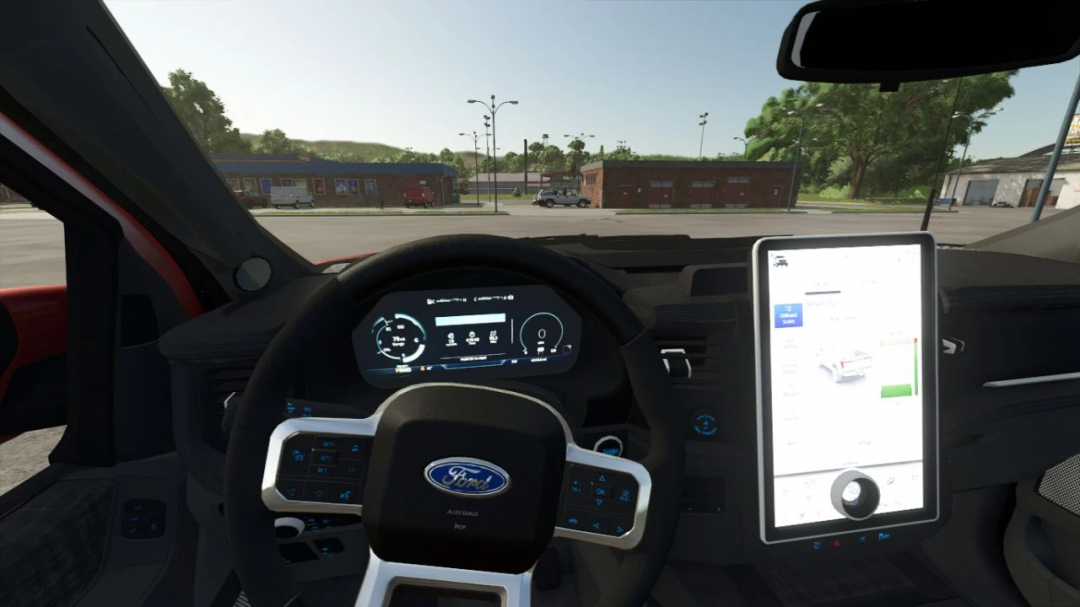 Inside view of a Ford F-150 Lightning mod in Farming Simulator 25, featuring digital dashboard and tablet controller, optimized for FS25 mods.