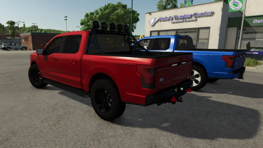 Red Ford F-150 Lightning mod in Farming Simulator 25, showcasing a pickup truck parked near Axle's Tractor Center.