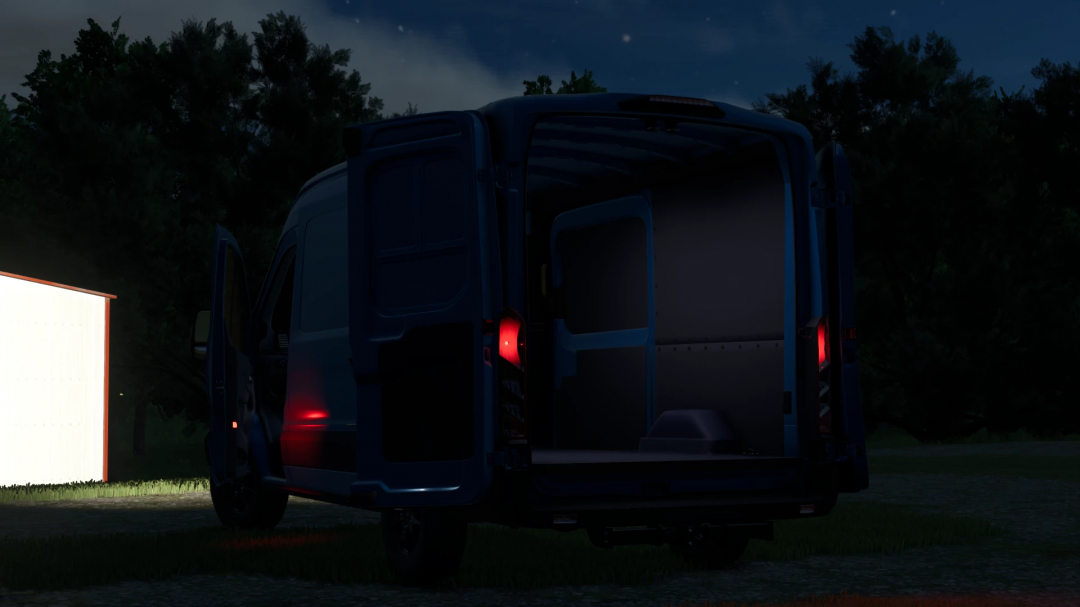 Farming Simulator 25 mod of Ford Transit MK8 v1.5.0.0, blue cargo van parked outdoors at night with open rear doors.