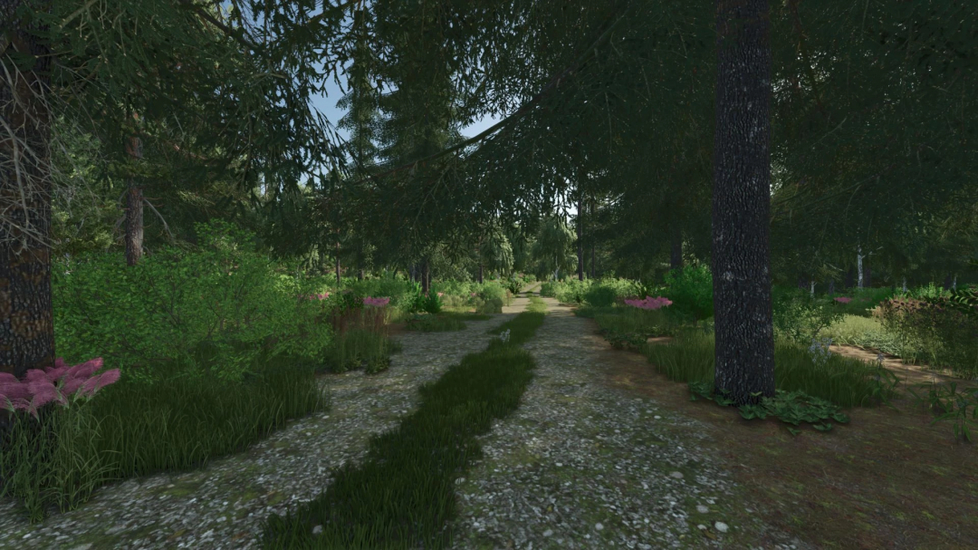 In-game forest path with trees and flowers, from Farming Simulator 25 mods, Forest Valley v1.0.1.0 mod for immersive exploration.
